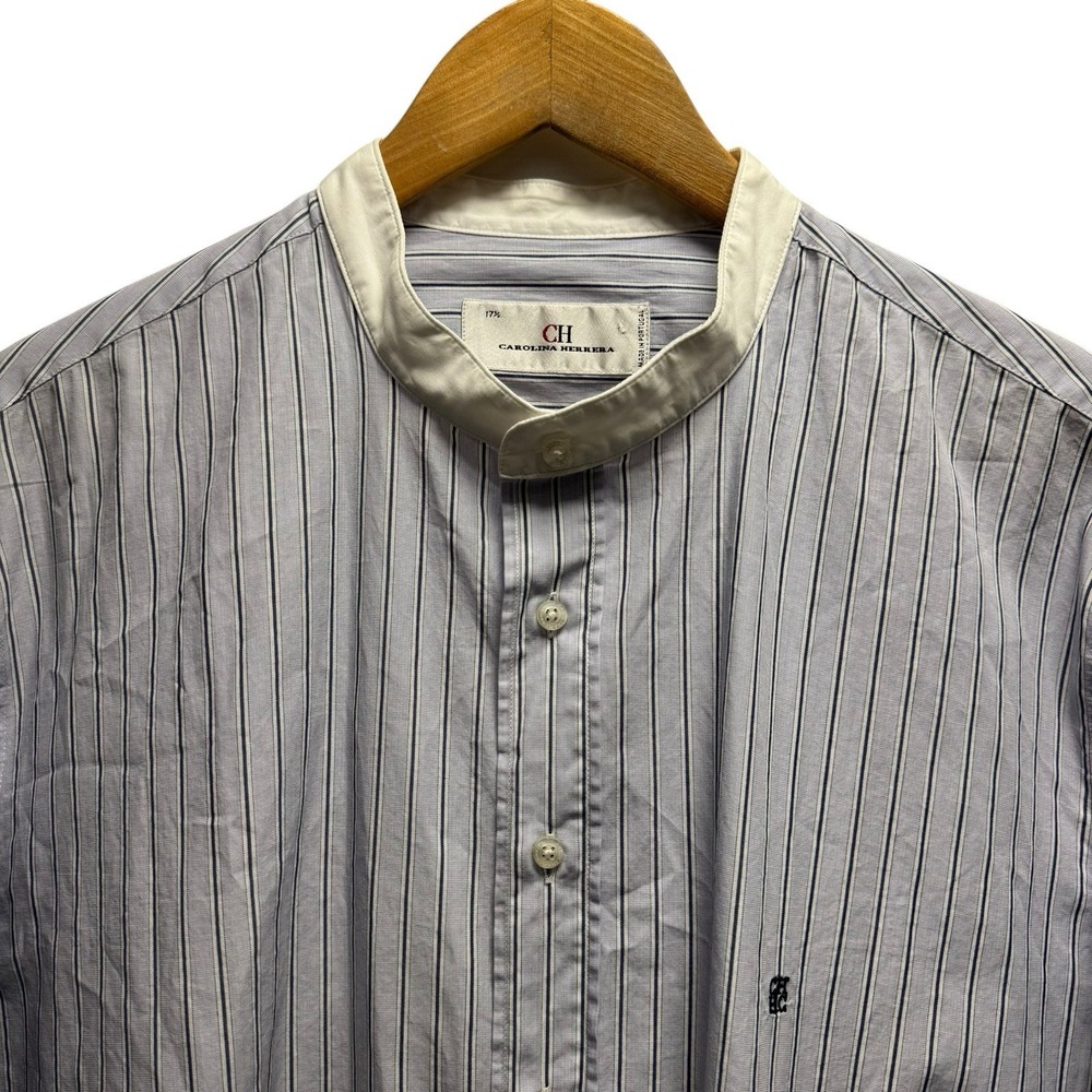 Carolina Herrera Mens 17.5 Purple/White Striped Band Collar CH Logo Cotton Shirt